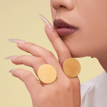 Stainless Steel Long Pendant Sweater Necklace, Drop Earrings & Ring Set – Gold Minimalist Round Disc Jewelry