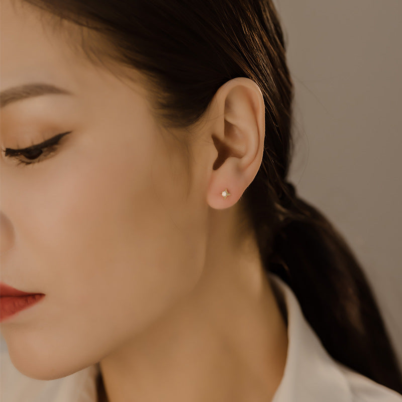14K Solid Gold Star Piercing Earrings – Four-Pointed Studs for Cartilage & Lobe