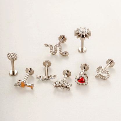 G23/F136 Titanium Heart & Snake Design Internally Threaded Lip Labret Studs | Zircon Piercing Jewelry for Cartilage, Helix, Tragus, and Lip