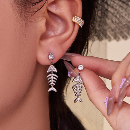 Stainless Steel Fishbone Drop Earrings & Ear Cuff Set – Modern Minimalist Statement Jewelry | WANTI