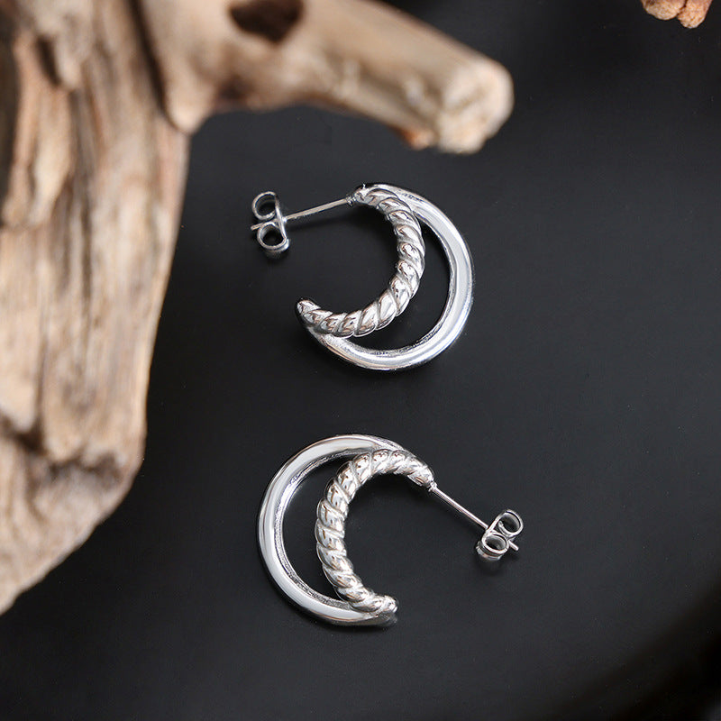 Double Layer C-Shaped Stainless Steel Hoop Earrings – Minimalist Thick Chunky Huggie Hoops for Women, Trendy Daily Jewelry