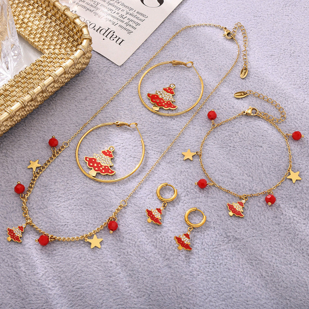 Christmas Tree Garnet Oil Drop Zircon Necklace & Bracelet Set | Layered Stainless Steel Holiday Jewelry