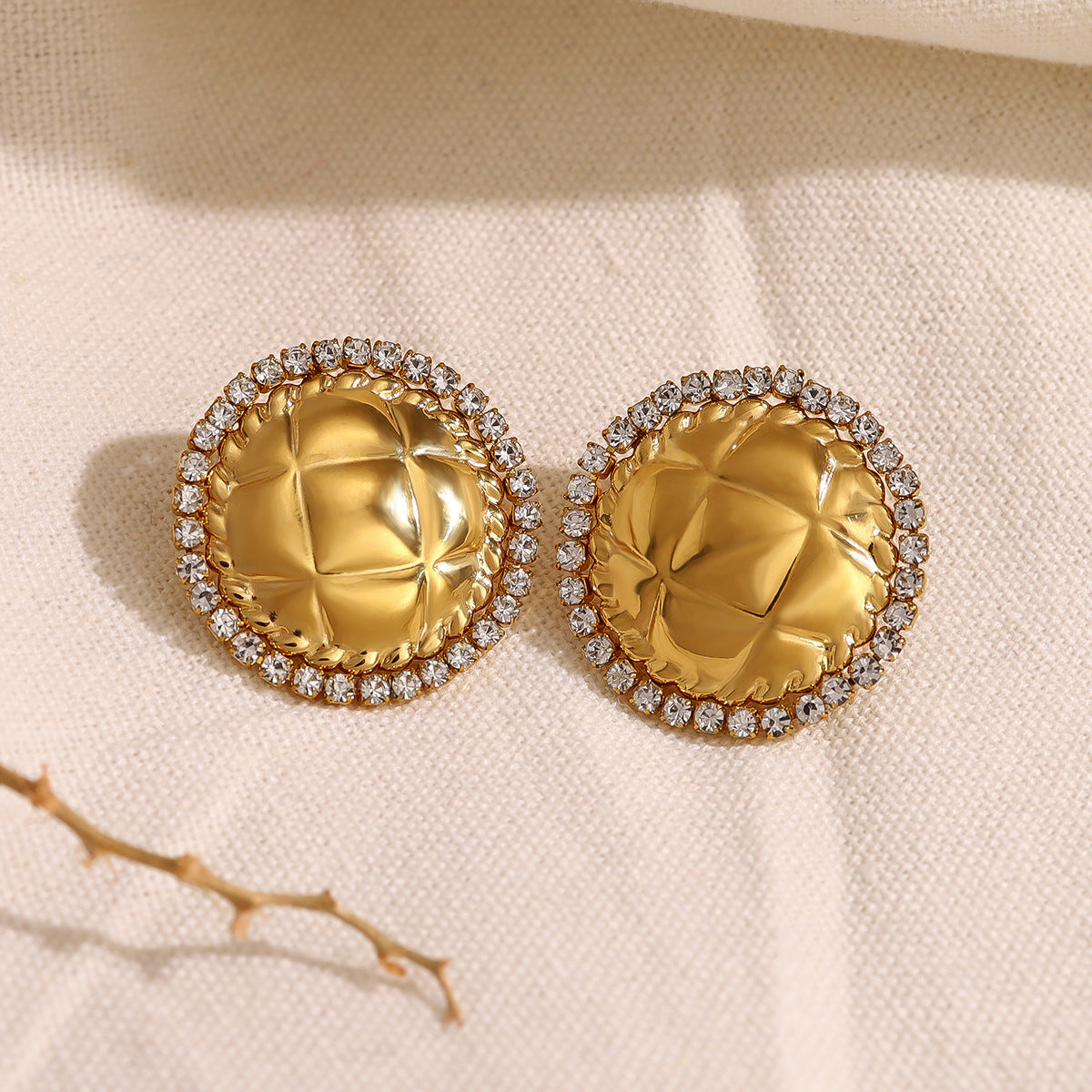 Stainless Steel Crystal Geometric Round Earrings – Textured Luxury Statement Hoop Earrings for Women