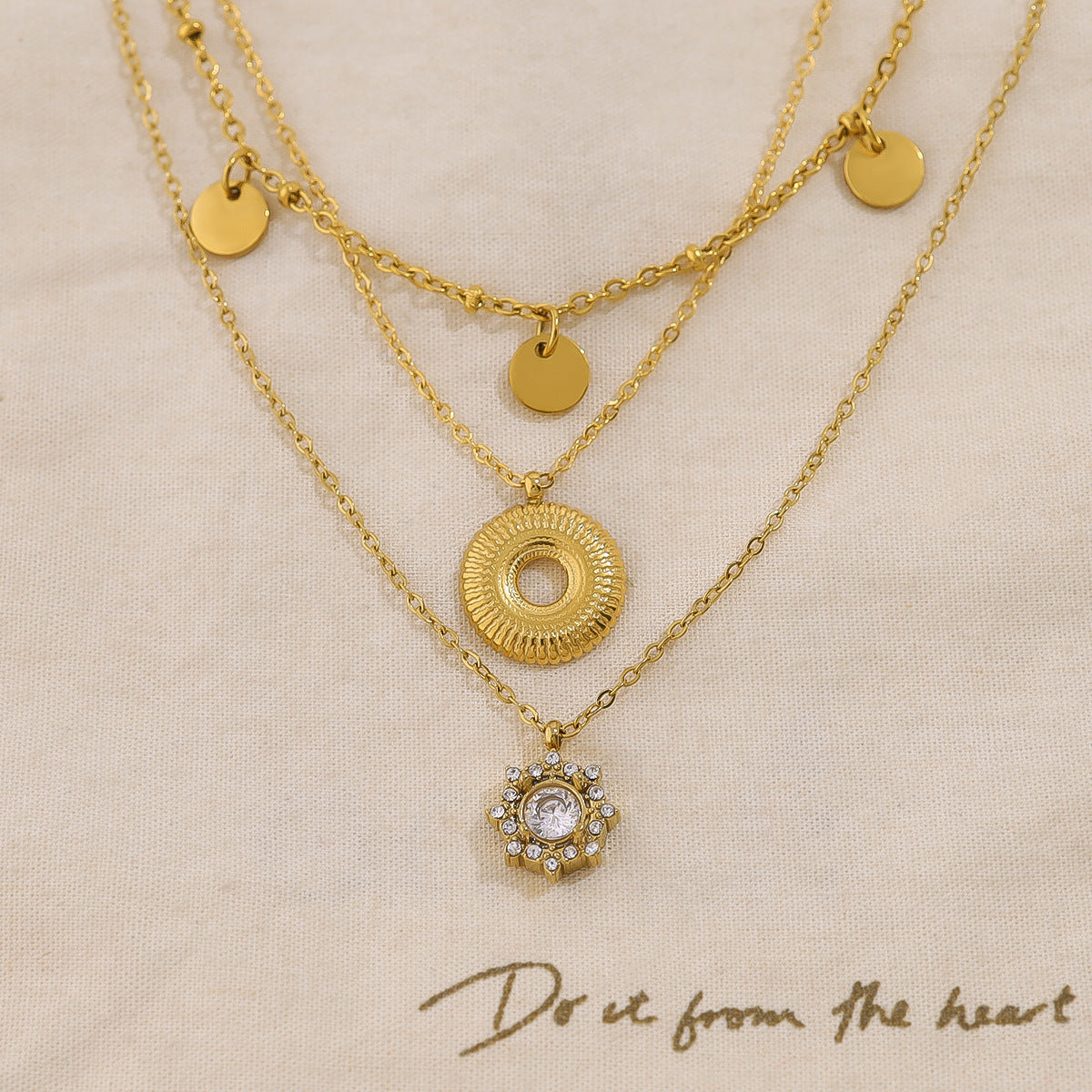 18K Gold Plated Stainless Steel Crystal Flower, Circle & Disc Pendant Necklaces – Elegant High-End Jewelry Collection