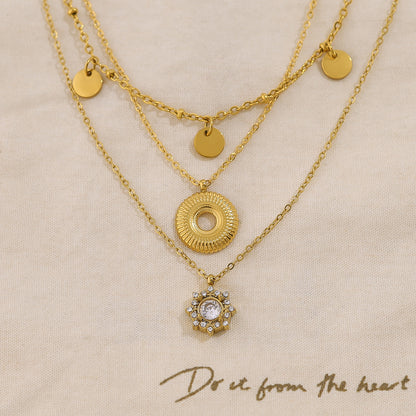 18K Gold Plated Stainless Steel Crystal Flower, Circle & Disc Pendant Necklaces – Elegant High-End Jewelry Collection