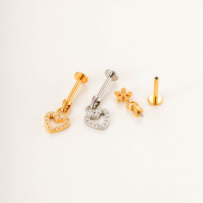 G23/F136 Titanium Internally Threaded Flat Back Lip Stud & Earring – Zircon Flower & Heart Dangle Piercing Jewelry for Women, Gold & Silver