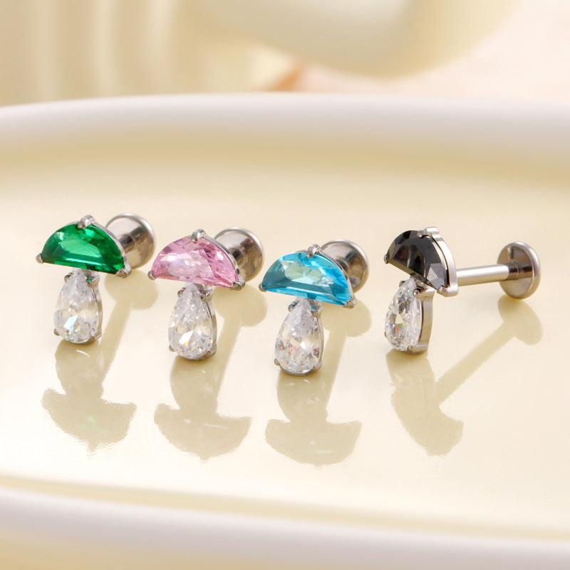 F136 Titanium Waterdrop Zircon Mushroom Labret Stud | Internally Threaded Cartilage Piercing Jewelry in Gold & Silver