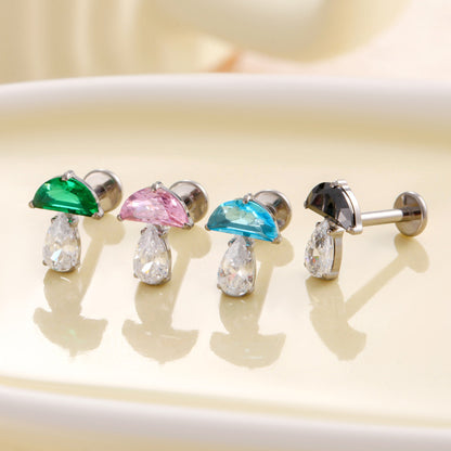 F136 Titanium Waterdrop Zircon Mushroom Labret Stud | Internally Threaded Cartilage Piercing Jewelry in Gold & Silver