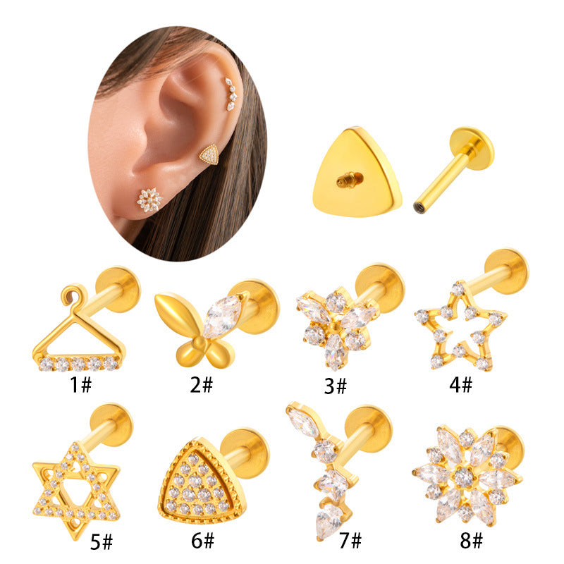 F136 Titanium Zircon Piercing Jewelry – Geometric & Nature-Inspired Internally Threaded Lip & Cartilage Studs