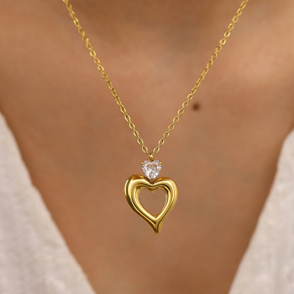 18K Gold Plated Stainless Steel Heart Zircon Pendant Necklace – Fashion Jewelry Gift for Women