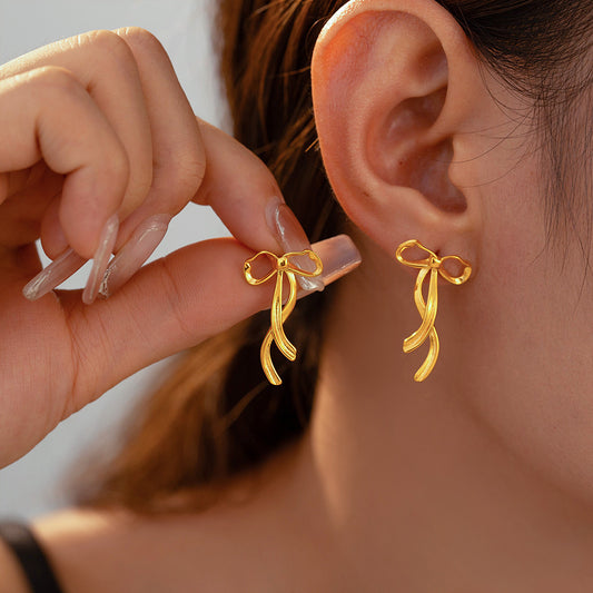 Stainless Steel Ribbon Bow Stud Earrings – Minimalist Chic Fashion Jewelry | WANTI