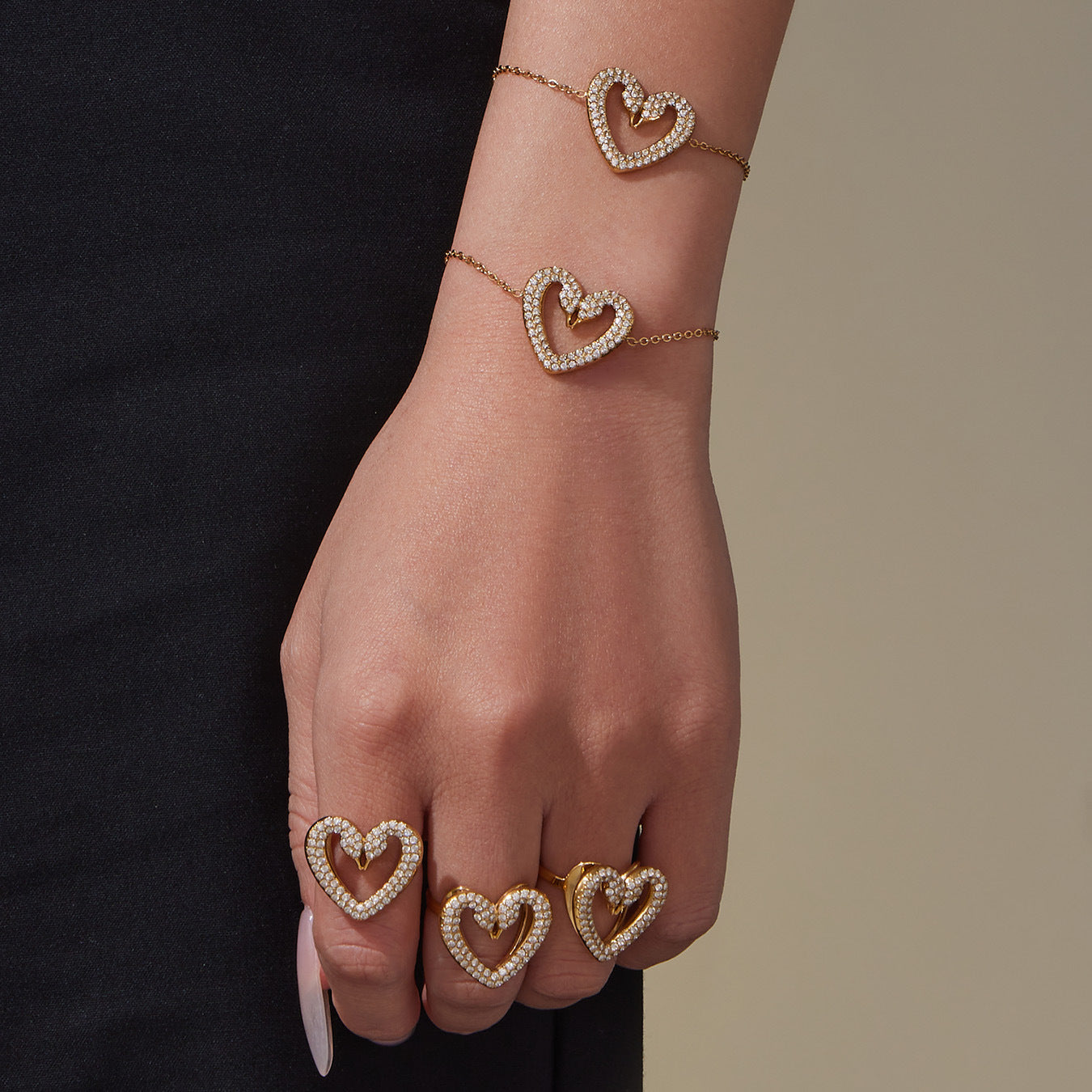 Stainless Steel Zircon Double Swan Heart Necklace, Bracelet, Ring & Earrings Jewelry Set