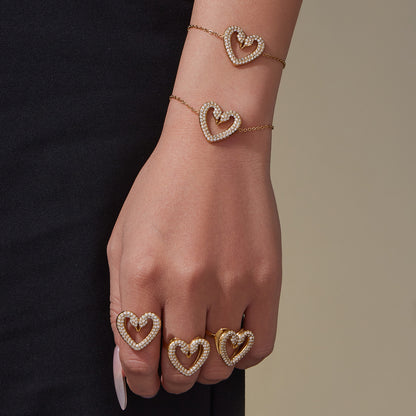 Stainless Steel Zircon Double Swan Heart Necklace, Bracelet, Ring & Earrings Jewelry Set