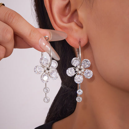 Floral Teardrop Zircon Drop Earrings – Stainless Steel Statement Jewelry for Women