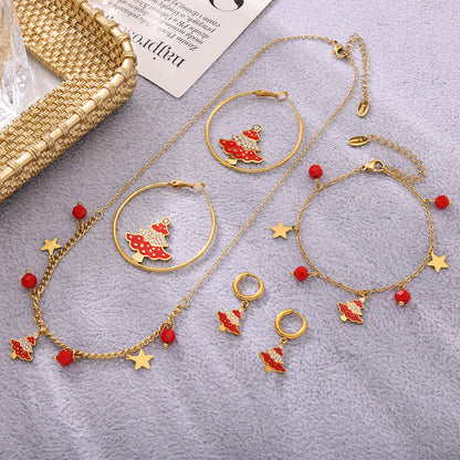 Gold Stainless Steel Christmas Tree Earrings | Zircon & Enamel Drop Hoop Holiday Jewelry – WANTI Jewelry