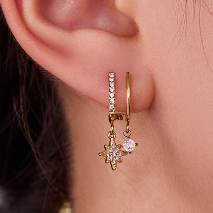 Eight-Pointed Star Zircon Earrings – Minimalist Geometric Stainless Steel Hoop Earrings | WANTI Jewelry