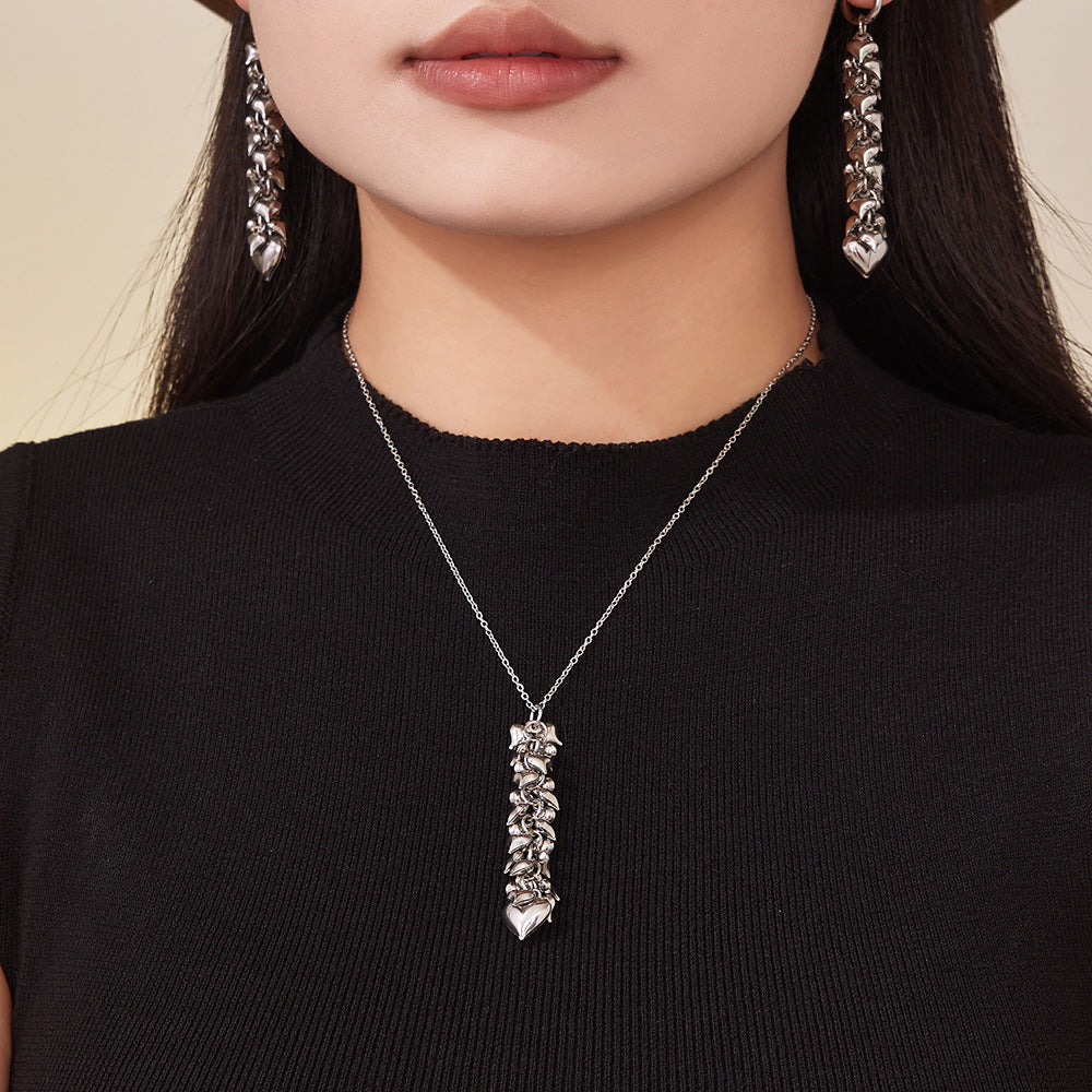 Stainless Steel Heart Tassel Jewelry Set – Dainty Heart Drop Earrings & Matching Necklace | Hypoallergenic, Colorfast, Trendy Gift Set