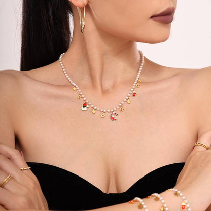 Christmas Santa Hat Star Gloves Pendant Necklace & Bracelet Set – Gold Plated Stainless Steel with Faux Pearl & Enamel