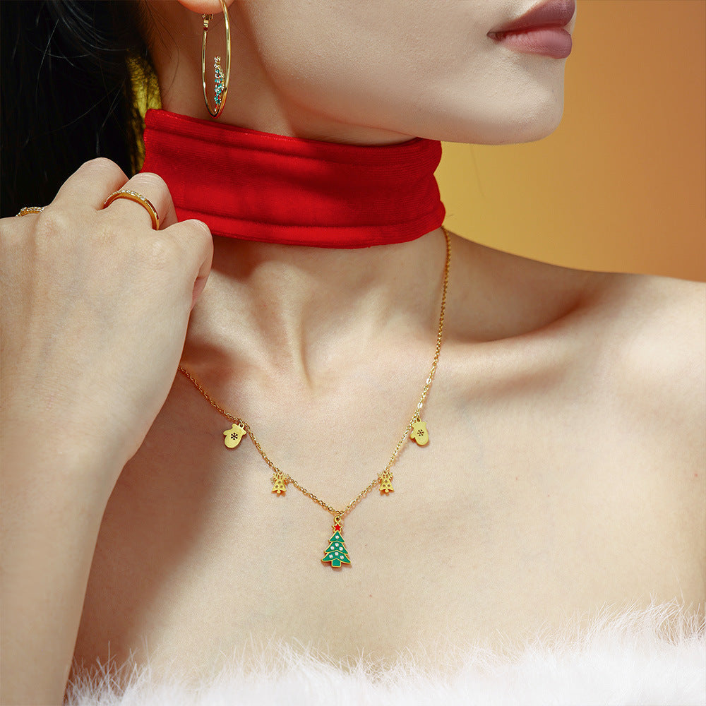 Gold Stainless Steel Christmas Necklace | Green Christmas Tree Pendant with Oil Drop & Zircon
