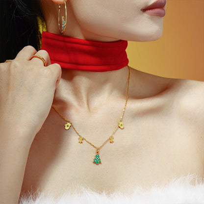 Gold Stainless Steel Christmas Necklace | Green Christmas Tree Pendant with Oil Drop & Zircon