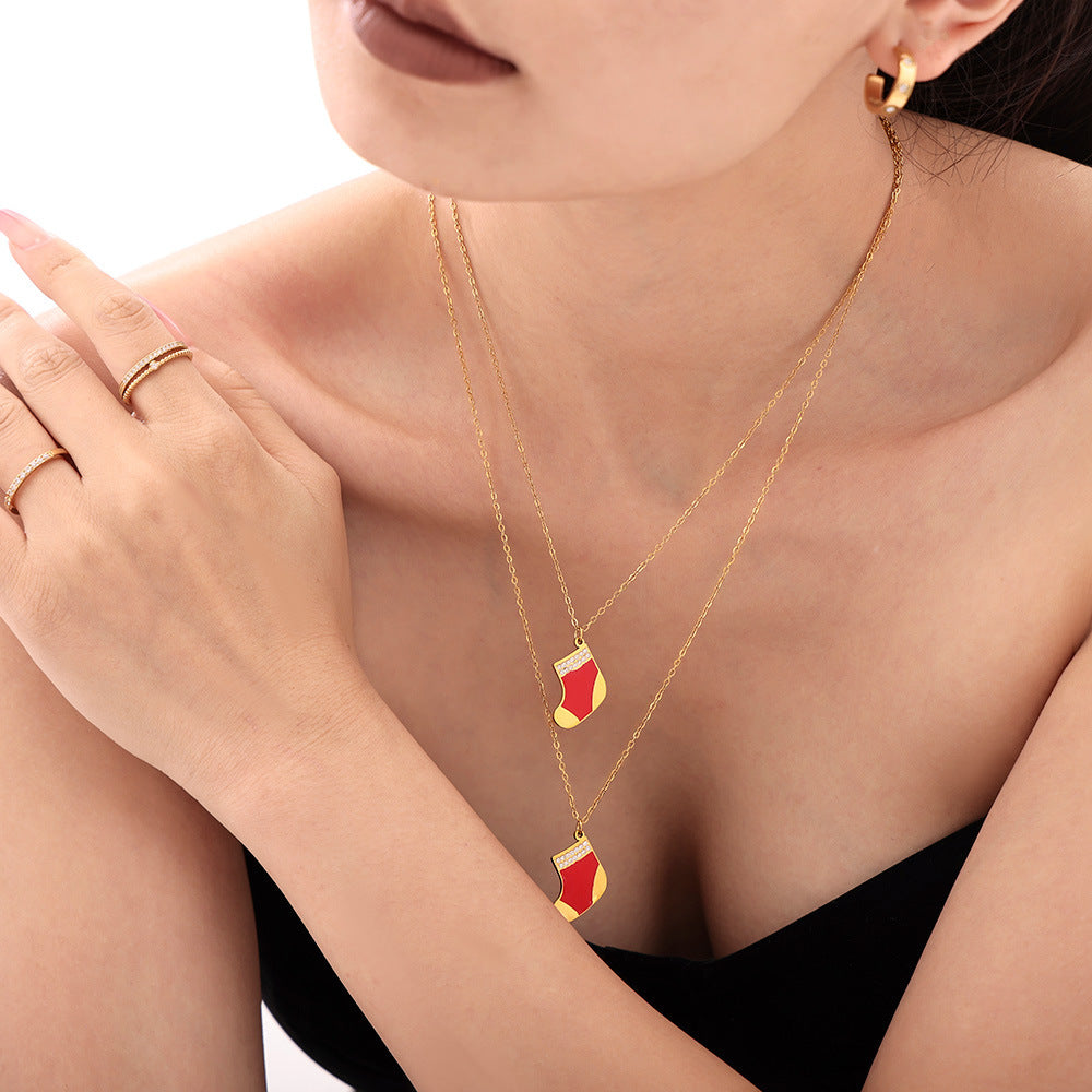 Gold Stainless Steel Christmas Red Sock Pendant Necklace | Festive Holiday Zircon Jewelry Gift