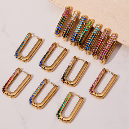 Stainless Steel Long U-Shaped Hoop Earrings with 5A Zircon – Elegant Colorful Statement Fashion Jewelry