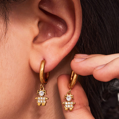 Trendy Stainless Steel Zircon Pendant Hoop Earrings Set – Creative Human & Animal Shapes, Gold Plated Fashion Jewelry