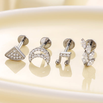 F136 Titanium Internally Threaded CZ Ear Stud – Music Note, Fan, Moon & Cluster Designs | Lip Labret Cartilage Piercing Jewelry