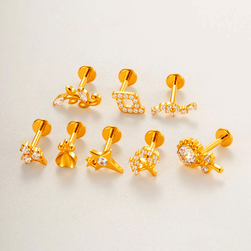 G23/F136 Titanium Internally Threaded Zircon Piercing Jewelry Lip Stud & Cartilage Earring – Elegant Sparkle Design, 1.2×8mm Rod, Gold & Silver