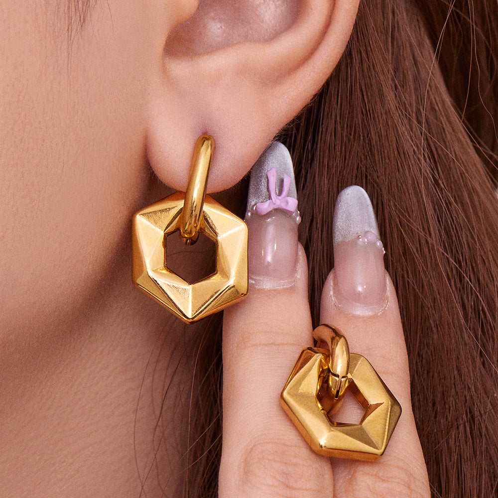 Stainless Steel Hexagon Hoop Earrings – Geometric Vintage Minimalist Earrings for Women, High-End Fashion Jewelry