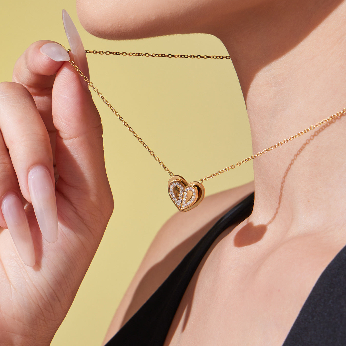 Double Heart Zircon Pendant Necklace, Earrings & Ring Jewelry Set - Gold & Steel Stainless Steel