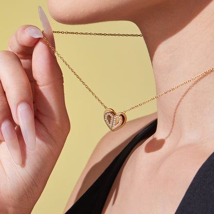 Double Heart Zircon Pendant Necklace, Earrings & Ring Jewelry Set - Gold & Steel Stainless Steel