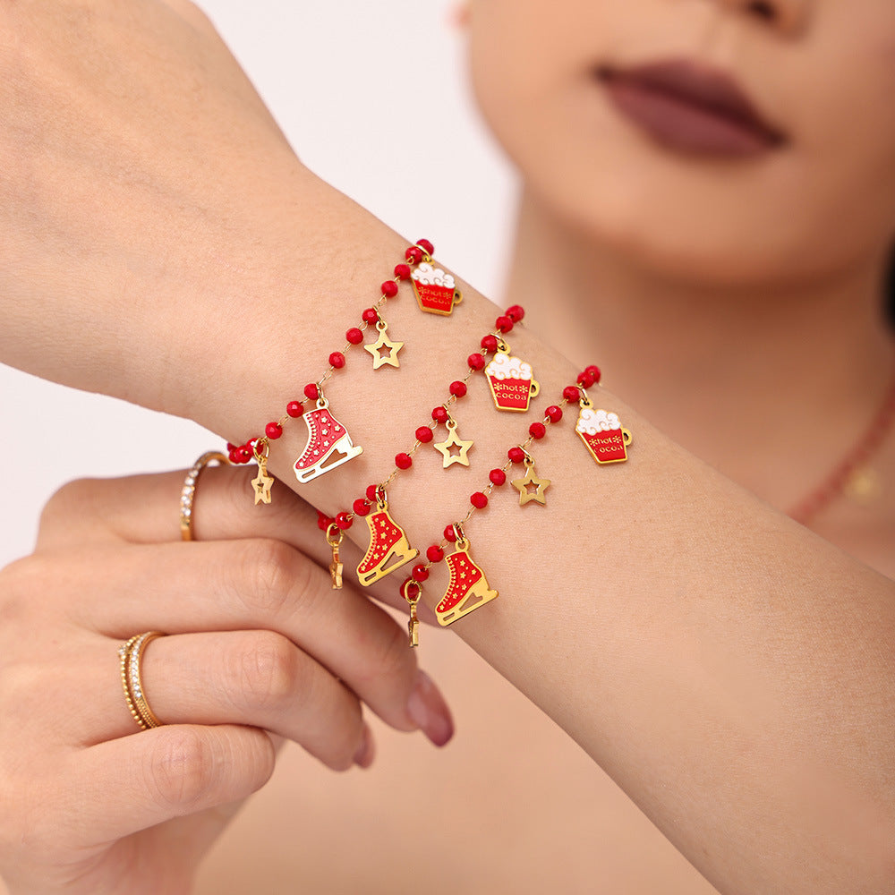 Christmas Ice Skate Star Champagne Pendant Enamel Necklace & Bracelet Set – Gold Plated Stainless Steel Festive Jewelry