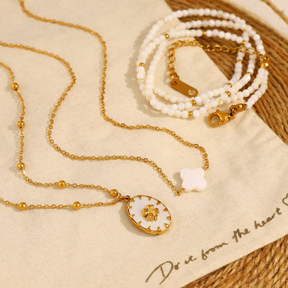 18K Gold Plated Titanium Steel Oval Flower Pendant Double Layer Beaded Necklace | Elegant Fashion Jewelry Set