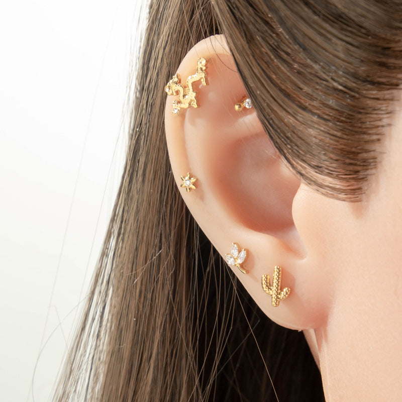 G23/F136 Titanium Internally Threaded Flat Back Lip Studs Cactus Star Flower Piercing Jewelry – Hypoallergenic Cartilage Earrings for Daily & Professional Use