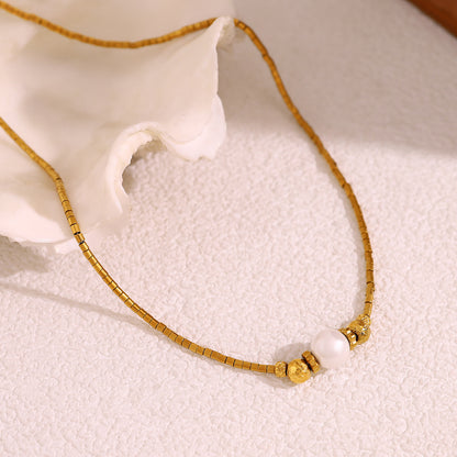 18K Gold Plated Stainless Steel Pearl Pendant Necklace – Elegant Minimalist Jewelry for Women