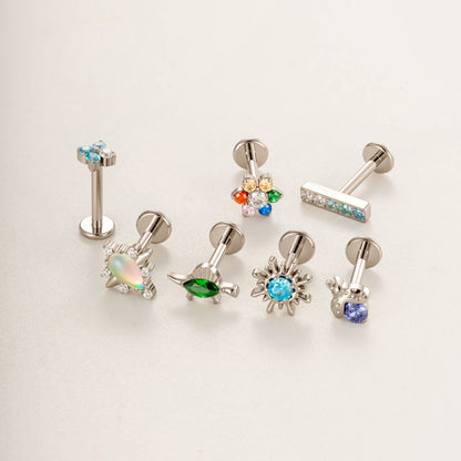 G23/F136 Titanium Colorful CZ Flower & Geometric Flat Back Labret Studs | Hypoallergenic Internally Threaded Piercing Jewelry for Ear, Lip, Cartilage