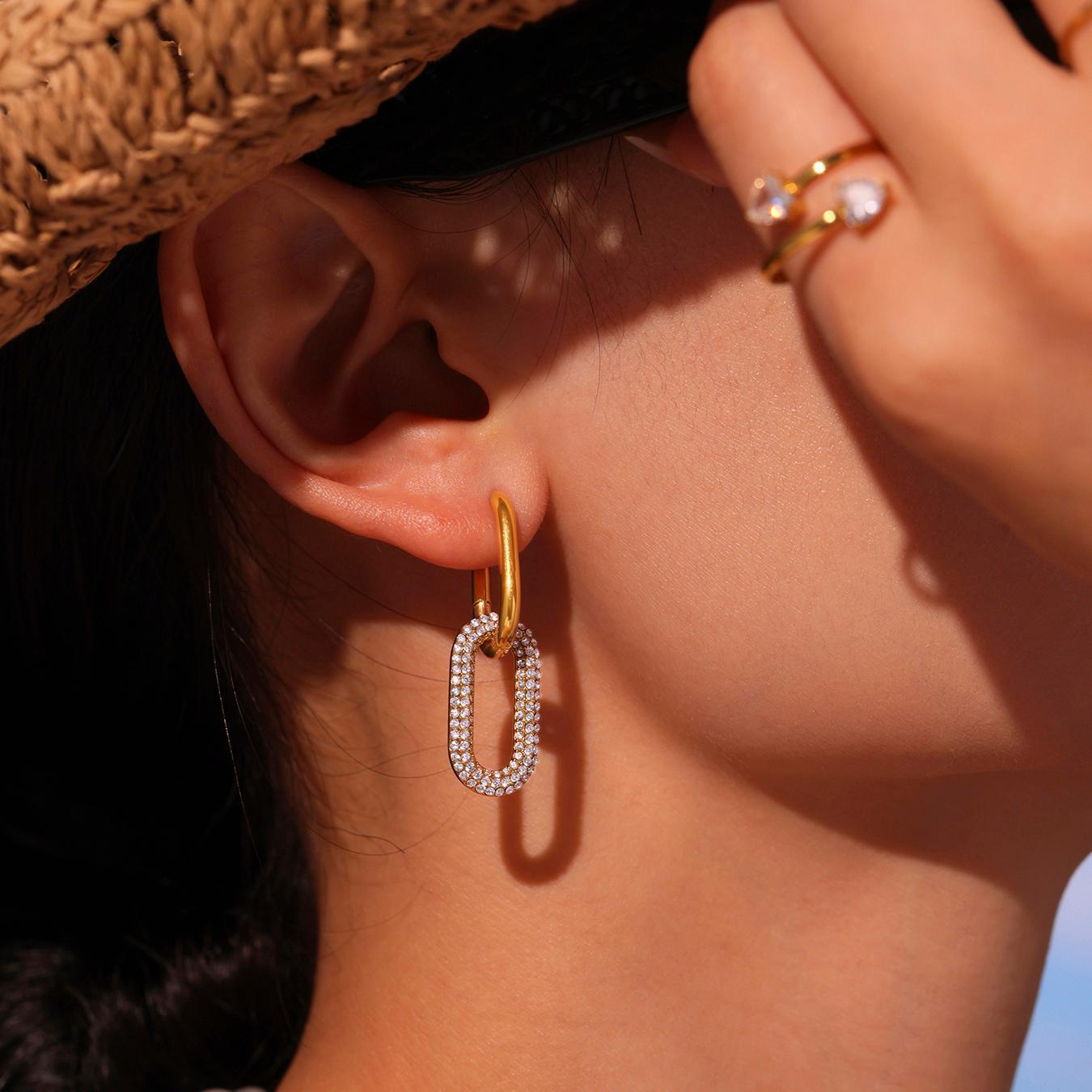 Gold Oval Zircon Dangle Earrings – Elegant Stainless Steel Full Zircon Hoop Earrings for Women