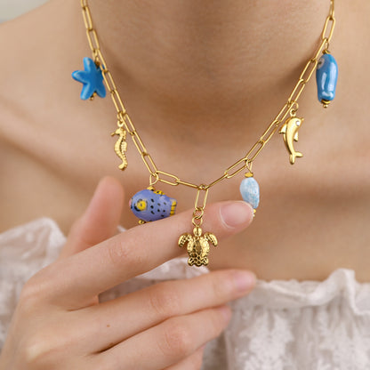 18K Gold Plated Titanium Steel Ocean Pendant Necklace | Seahorse, Starfish, Shell, Turtle, Fish & Dolphin Designs