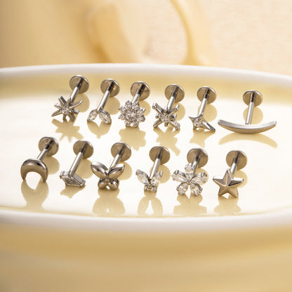 G23/F136 Titanium Moon & Star Push Pin Stud – Flat Base Lip & Ear Cartilage Piercing Jewelry | 12 Styles