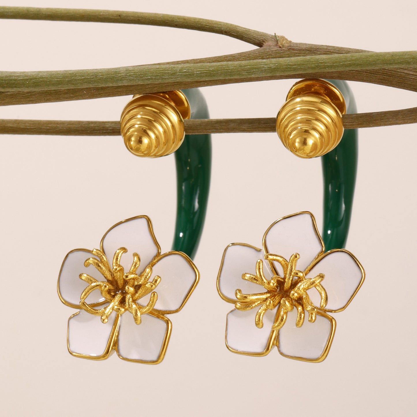 Enamel Camellia Screw Earrings – Elegant Double-Sided Stainless Steel Floral Earrings for Women