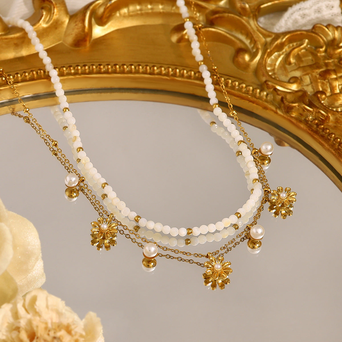 18K Gold Plated Titanium Steel Pearl & Shell Beaded Flower Pendant Necklace | Elegant Fashion Jewelry