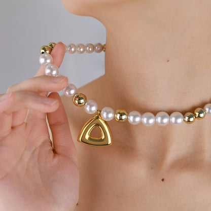 Vintage Pearl Beaded Hollow Triangle Pendant Necklace | 18K Gold & Silver Stainless Steel Elegant Jewelry for Women