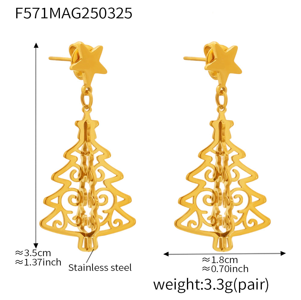 Stainless Steel Hollow Life Tree Drop Earrings – Gold Elegant Statement Dangle Earrings for Women
