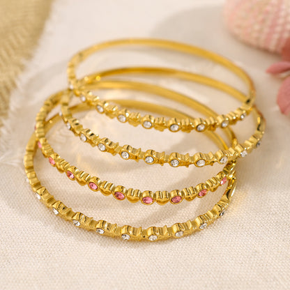 18K Gold Plated Stainless Steel Crystal Heart & Star Bangle Bracelet | Elegant Narrow Edge Cuff Jewelry for Women