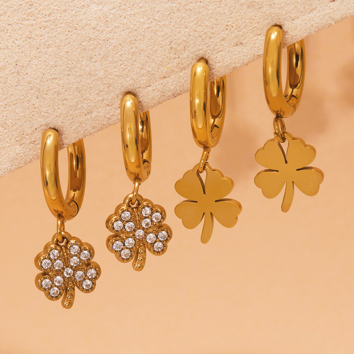 Stainless Steel Zircon Clover Dangle Earrings Set – U-Shaped Hoop Layering Earrings | Lucky Four-Leaf Clover Jewelry Gift for Women