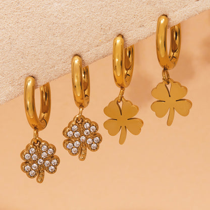 Stainless Steel Zircon Clover Dangle Earrings Set – U-Shaped Hoop Layering Earrings | Lucky Four-Leaf Clover Jewelry Gift for Women