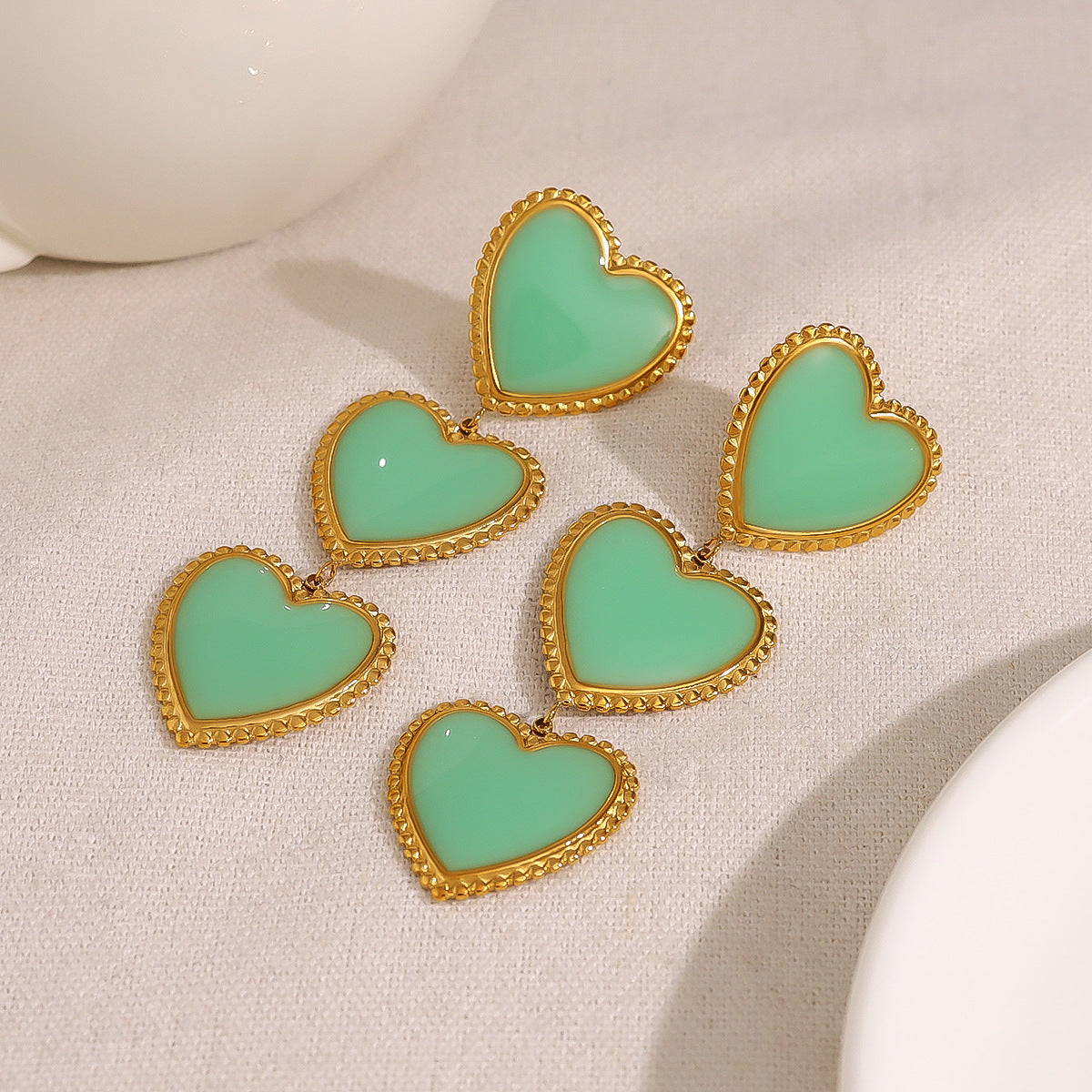 Retro Green Enamel Heart Tassel Drop Earrings – Long Stainless Steel Statement Earrings | WANTI Jewelry