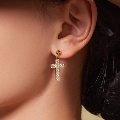 Gold Stainless Steel Cross Zirconia Necklace, Bracelet, Earrings & Ring | Minimalist Cross Jewelry Set