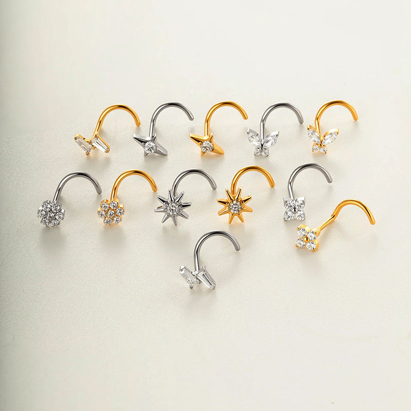 Implant Grade ASTM F136 Titanium Star Lightning Nose Stud S-Bend CZ Nose Stud Nostril Piercing Jewelry Hypoallergenic